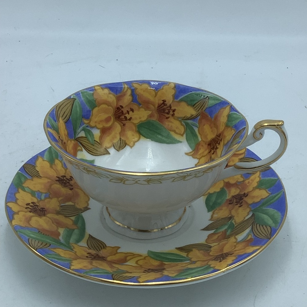Queen’s England Fine Bone  China Art Deco Blue Teacup and Saucer